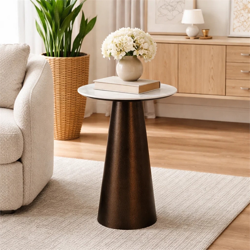 Plant Stand Accent Table- Bronze Metal- White Marble Top- 23 Inch
