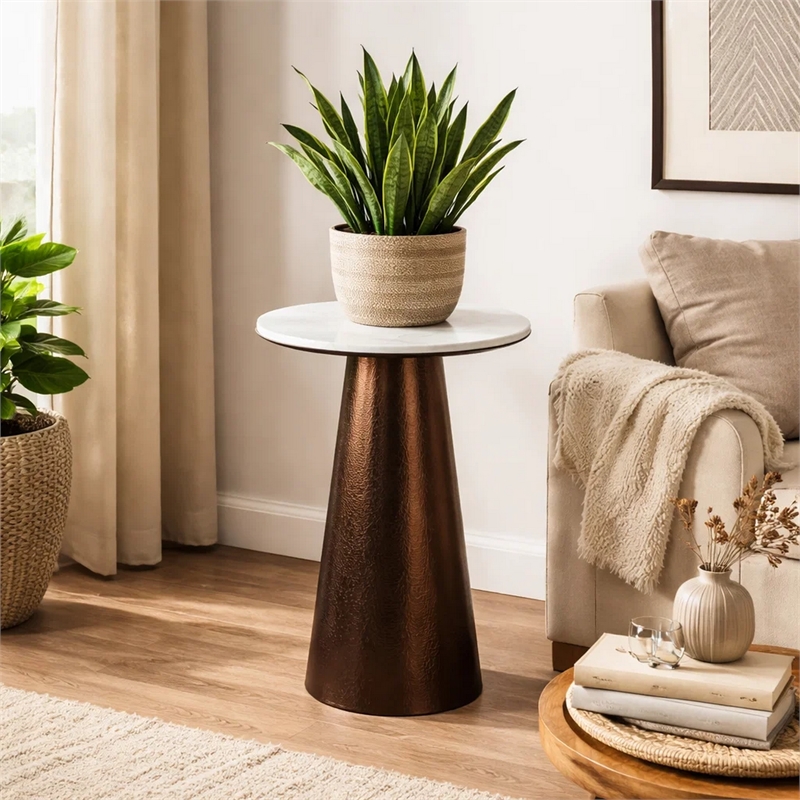 Plant Stand Accent Table- Bronze Metal- White Marble Top- 23 Inch