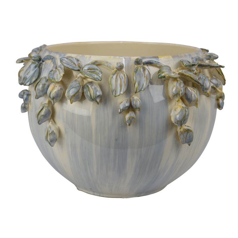 Decorative Bowl Planter- White Ceramic with Floral Garland Rim- 12 Inch