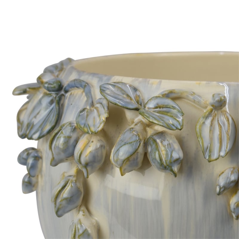 Decorative Bowl Planter- White Ceramic with Floral Garland Rim- 12 Inch