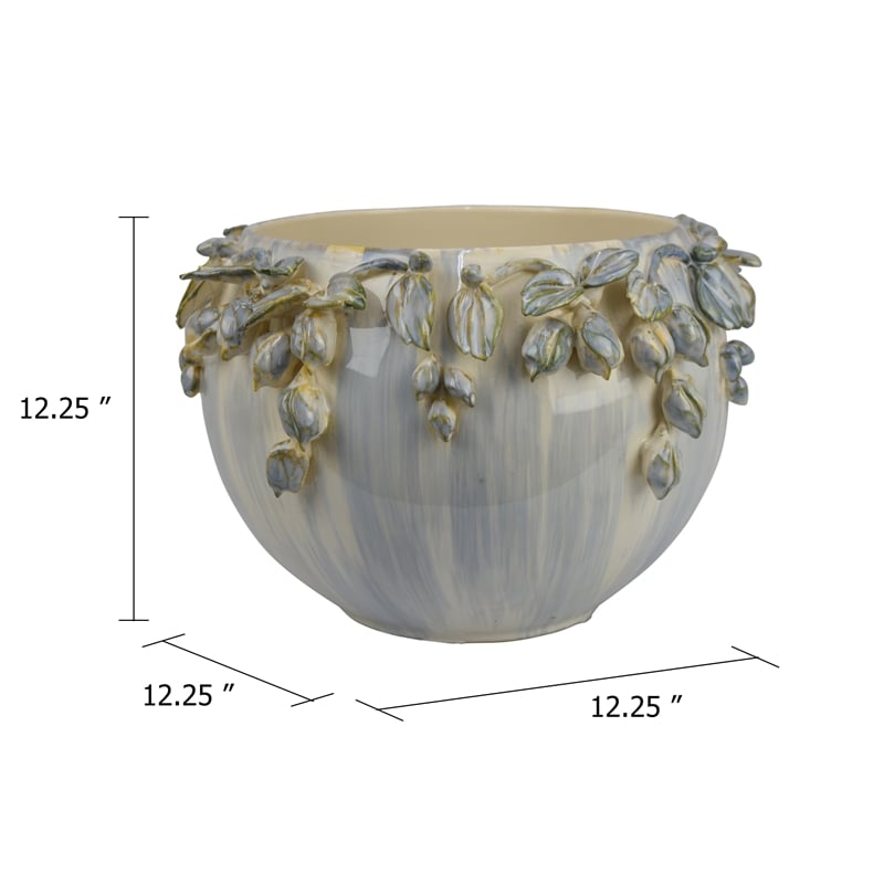 Decorative Bowl Planter- White Ceramic with Floral Garland Rim- 12 Inch
