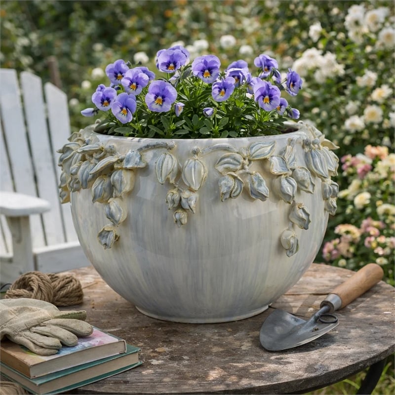 Decorative Bowl Planter- White Ceramic with Floral Garland Rim- 12 Inch