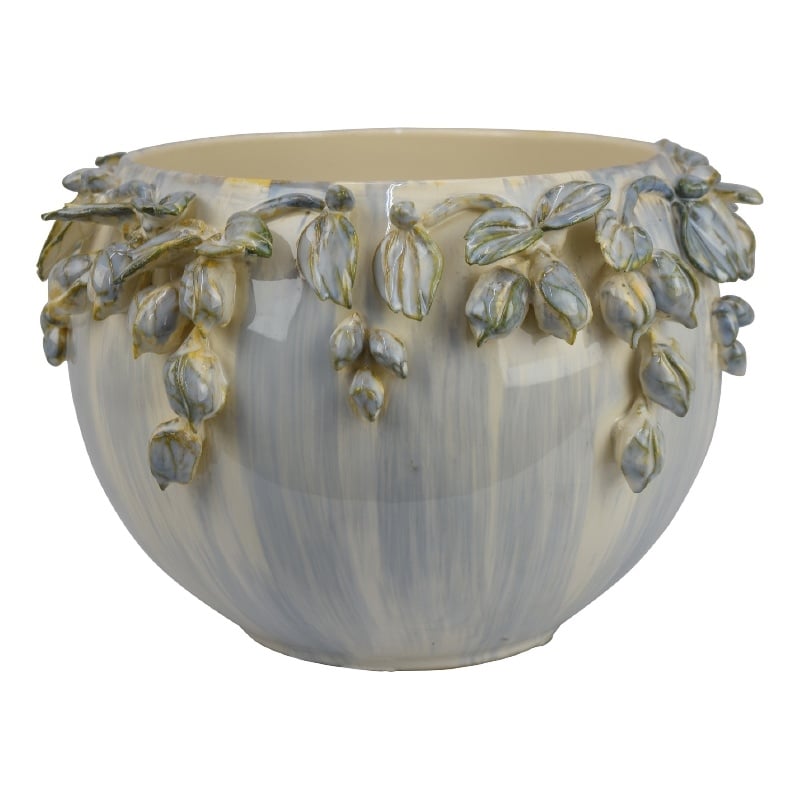 Decorative Bowl Planter- White Ceramic with Floral Garland Rim- 12 Inch