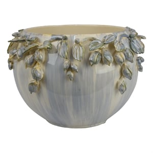 Decorative Bowl Planter- White Ceramic with Floral Garland Rim- 12 Inch
