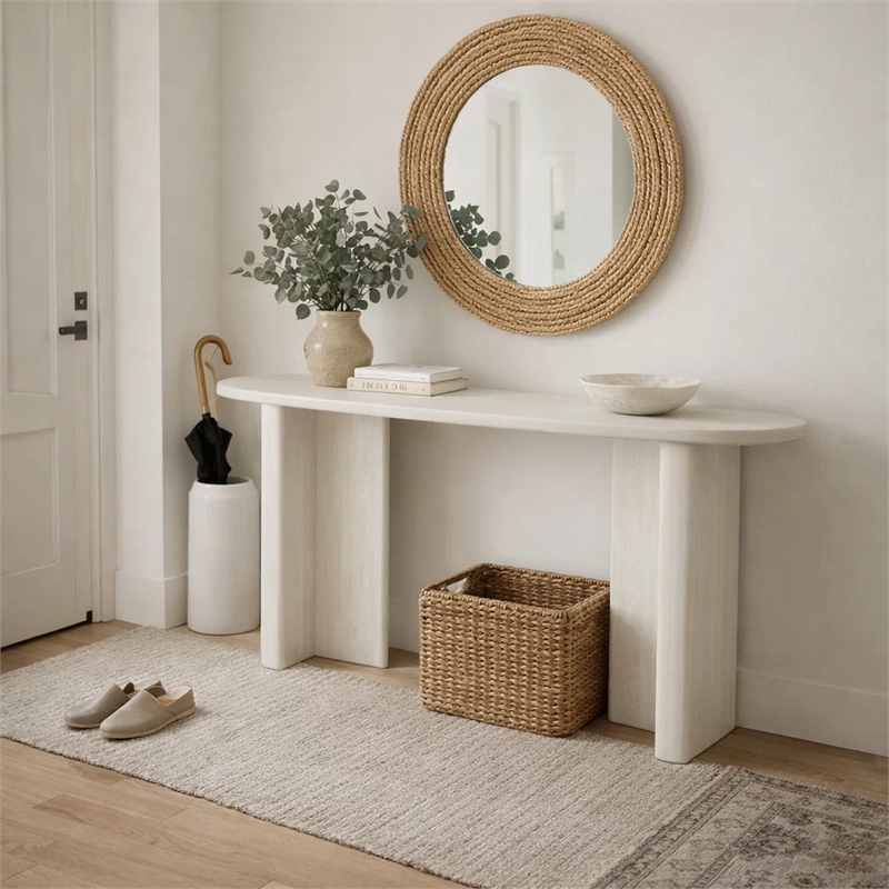 Console Table- White Wood- 63 Inch Rectangular Top with Minimalist Legs