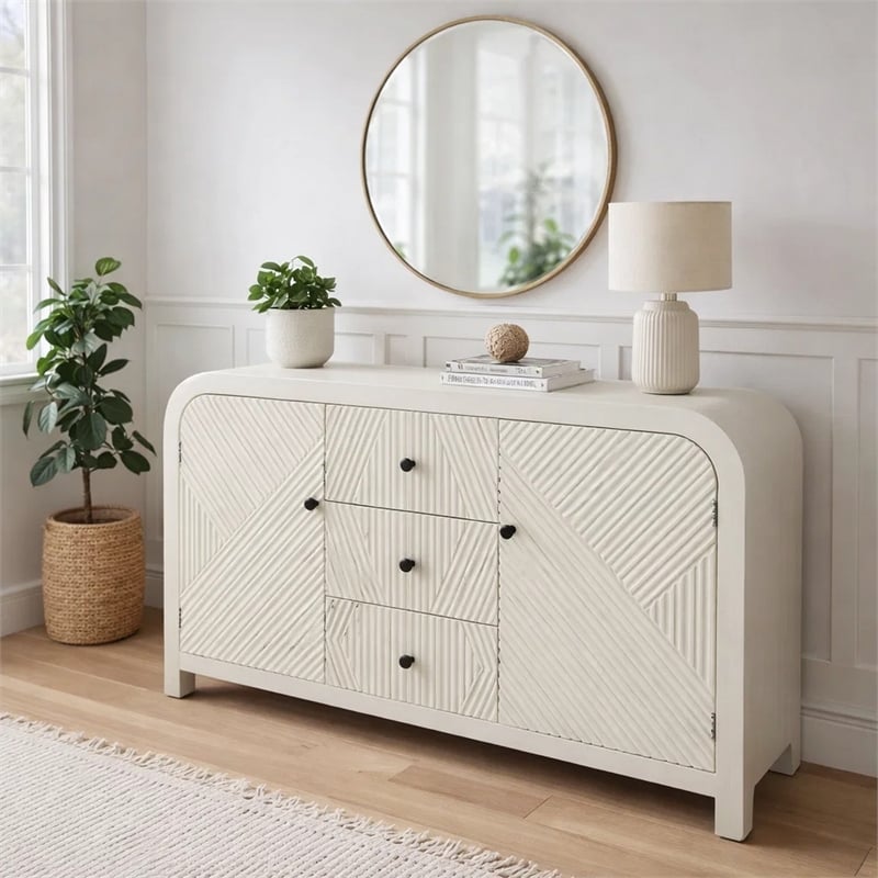 Jack Credenza Sideboard- White Wood- 2 Cabinets and 3 Drawers- 47 Inch
