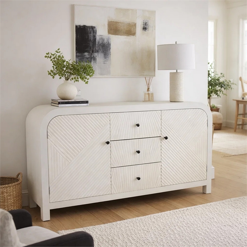 Jack Credenza Sideboard- White Wood- 2 Cabinets and 3 Drawers- 47 Inch