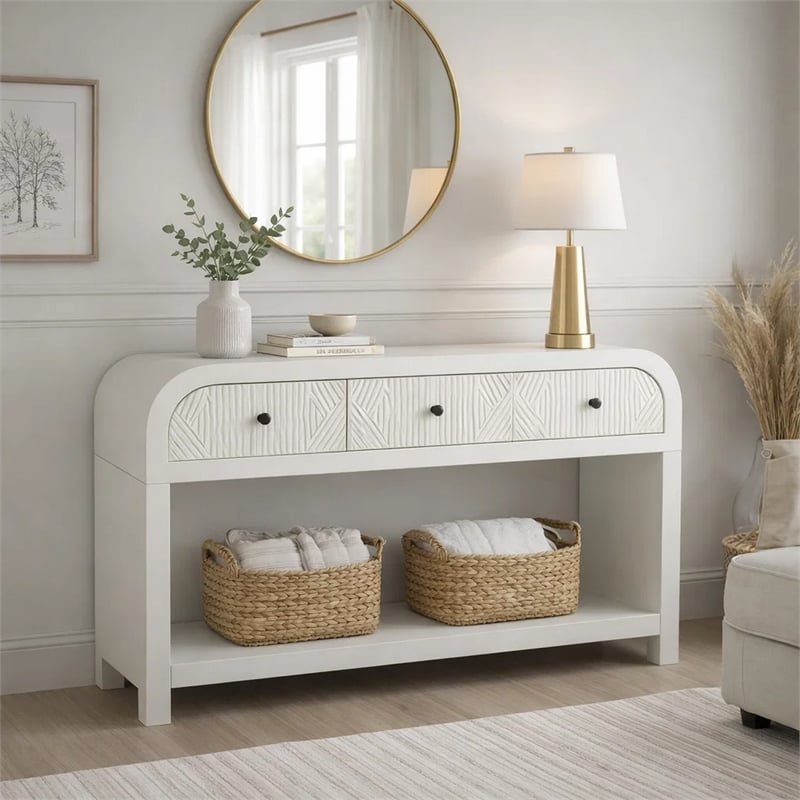 Jack Console Table- White Wood- 3 Drawers and Bottom Shelf- 47 Inch