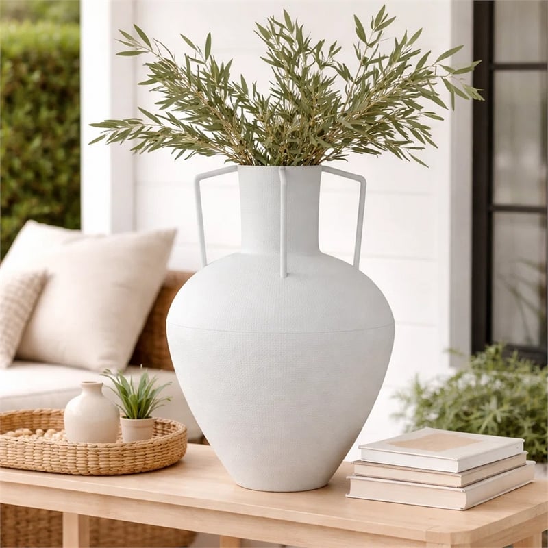 Textured Amphora Style Vase- White Metal with Dual Handles- 19 Inch
