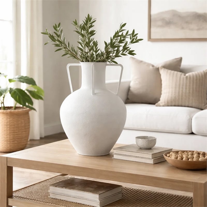 Textured Amphora Style Vase- White Metal with Dual Handles- 19 Inch