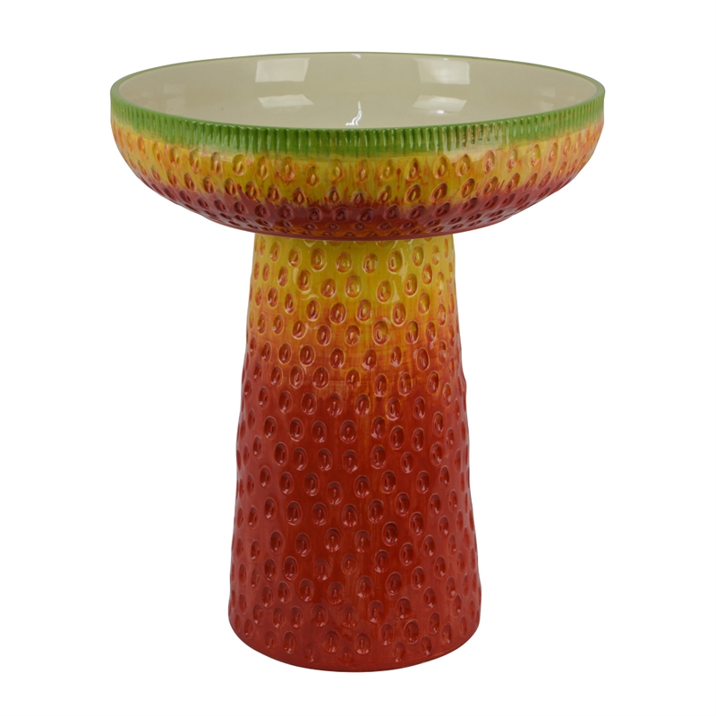 19 Inch Bird Bath- Multicolor Ceramic- Strawberry Pedestal Garden Bowl