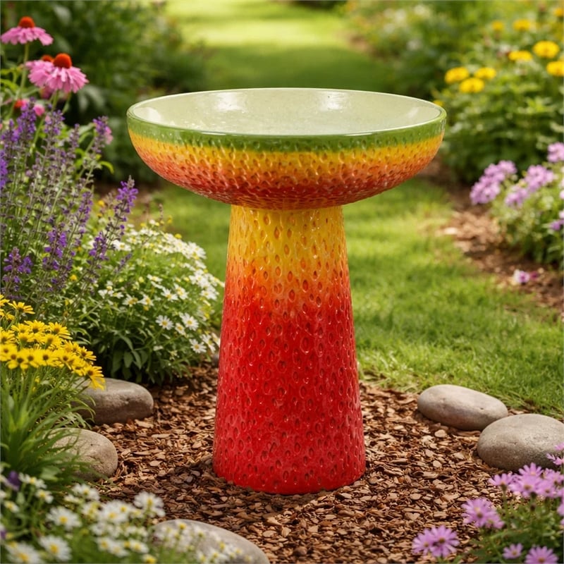 19 Inch Bird Bath- Multicolor Ceramic- Strawberry Pedestal Garden Bowl