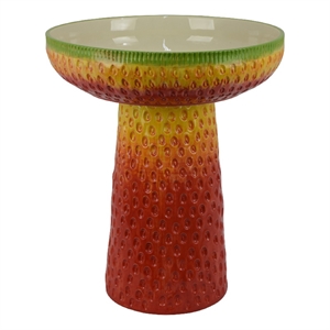 19 Inch Bird Bath- Multicolor Ceramic- Strawberry Pedestal Garden Bowl