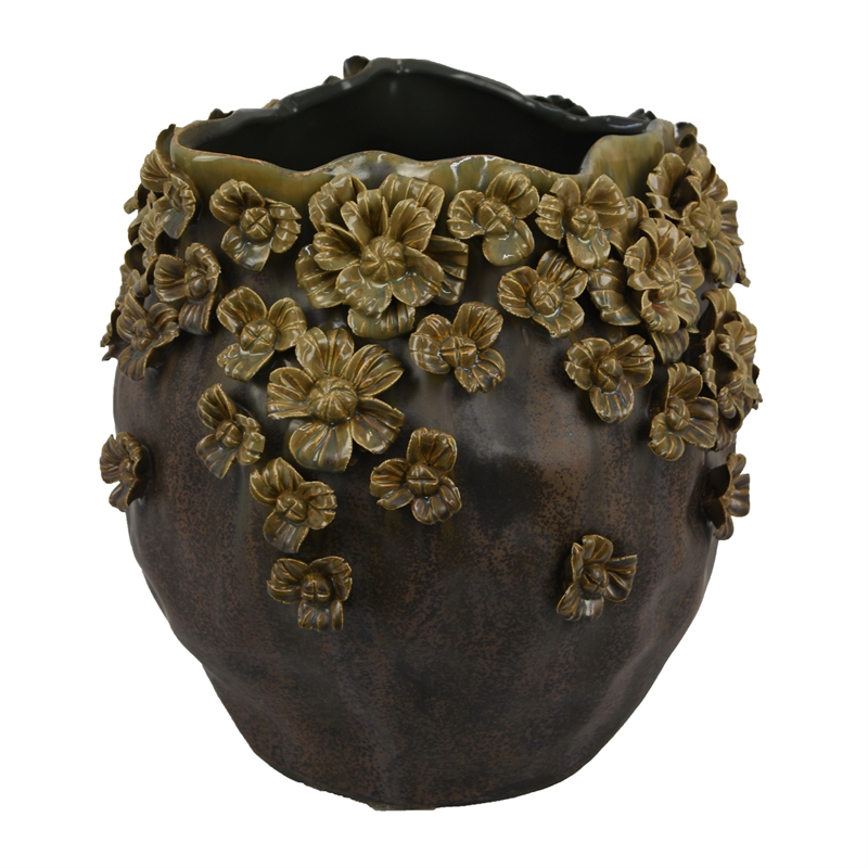 Siya Decorative Vase- Brown Ceramic- Rustic Round Floral Design- 13 Inch