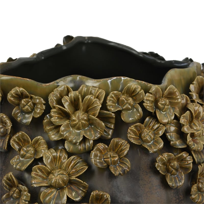 Siya Decorative Vase- Brown Ceramic- Rustic Round Floral Design- 13 Inch