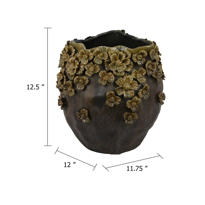 Siya Decorative Vase- Brown Ceramic- Rustic Round Floral Design- 13 Inch