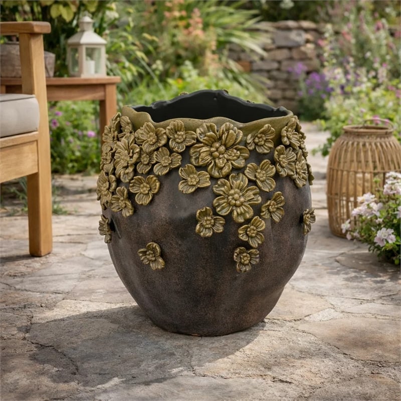 Siya Decorative Vase- Brown Ceramic- Rustic Round Floral Design- 13 Inch