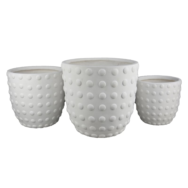Planter Set of 3- White Resin- Smooth Round Dotted Texture- 15 12 10 Inch