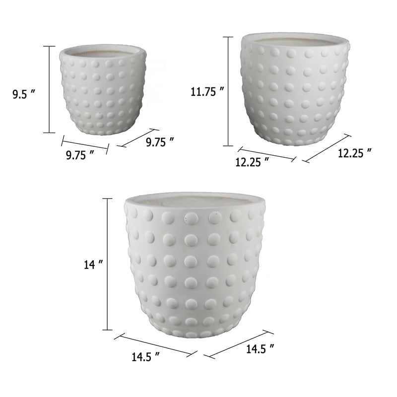 Planter Set of 3- White Resin- Smooth Round Dotted Texture- 15 12 10 Inch