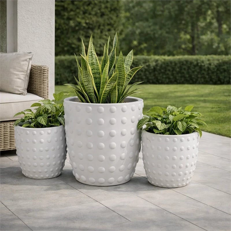 Planter Set of 3- White Resin- Smooth Round Dotted Texture- 15 12 10 Inch