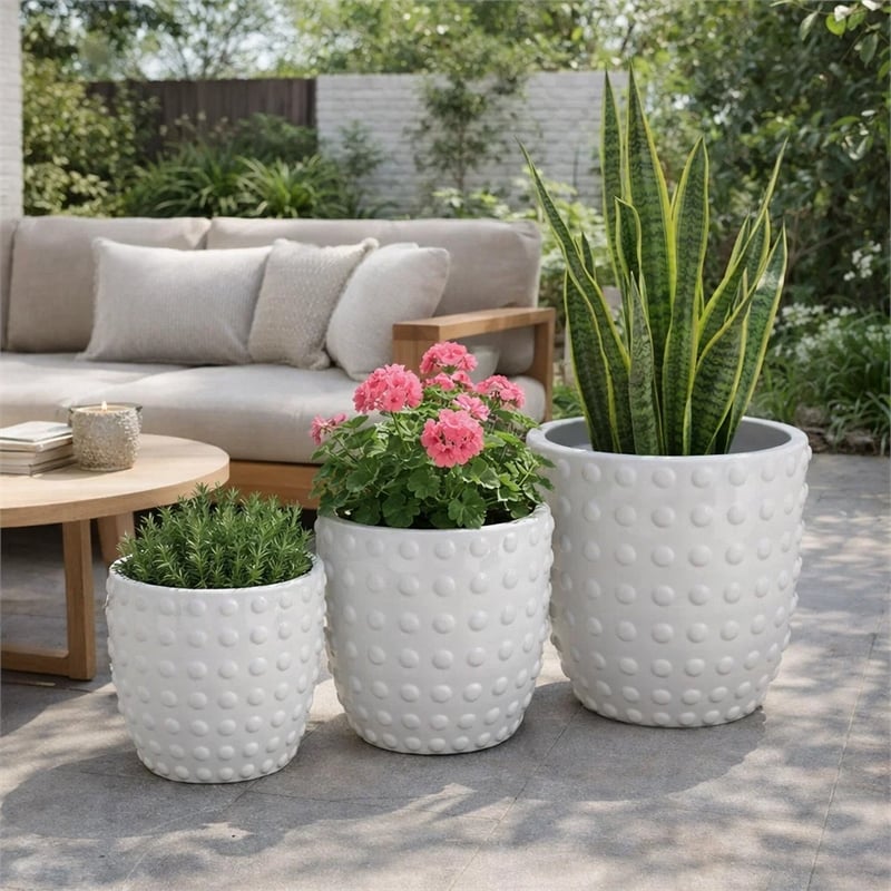 Planter Set of 3- White Resin- Smooth Round Dotted Texture- 15 12 10 Inch