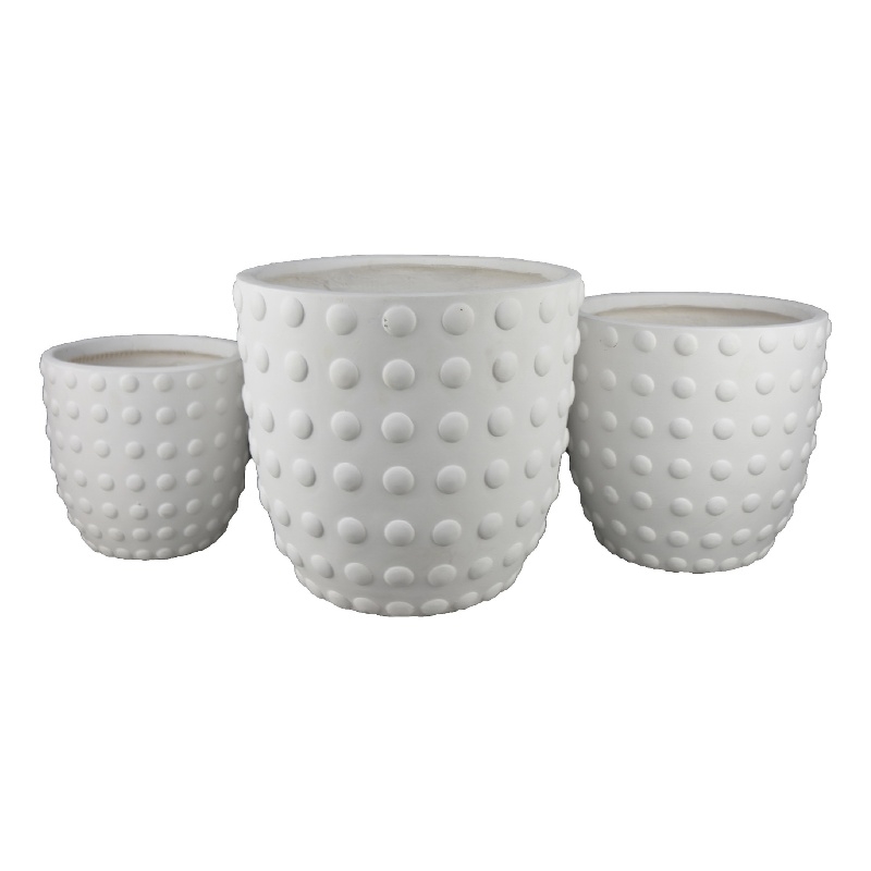 Planter Set of 3- White Resin- Smooth Round Dotted Texture- 15 12 10 Inch