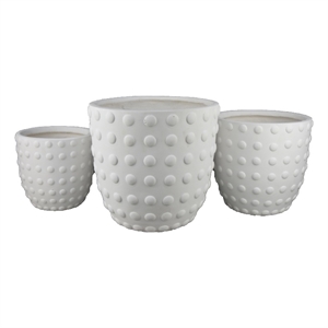 Planter Set of 3- White Resin- Smooth Round Dotted Texture- 15 12 10 Inch