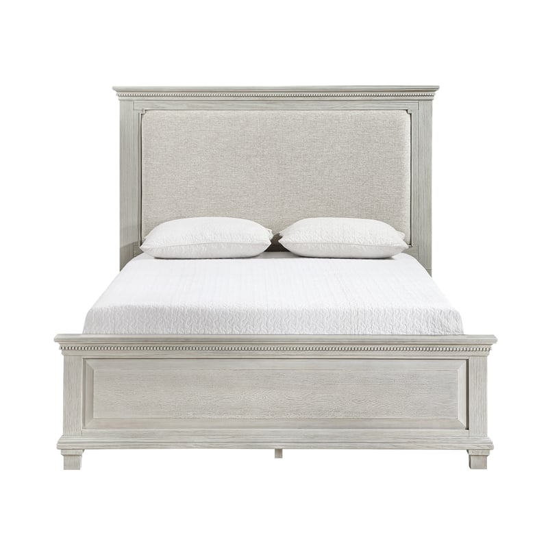 Avy Queen Size Bed with Padded Upholstered Headboard- Mist Gray Pine