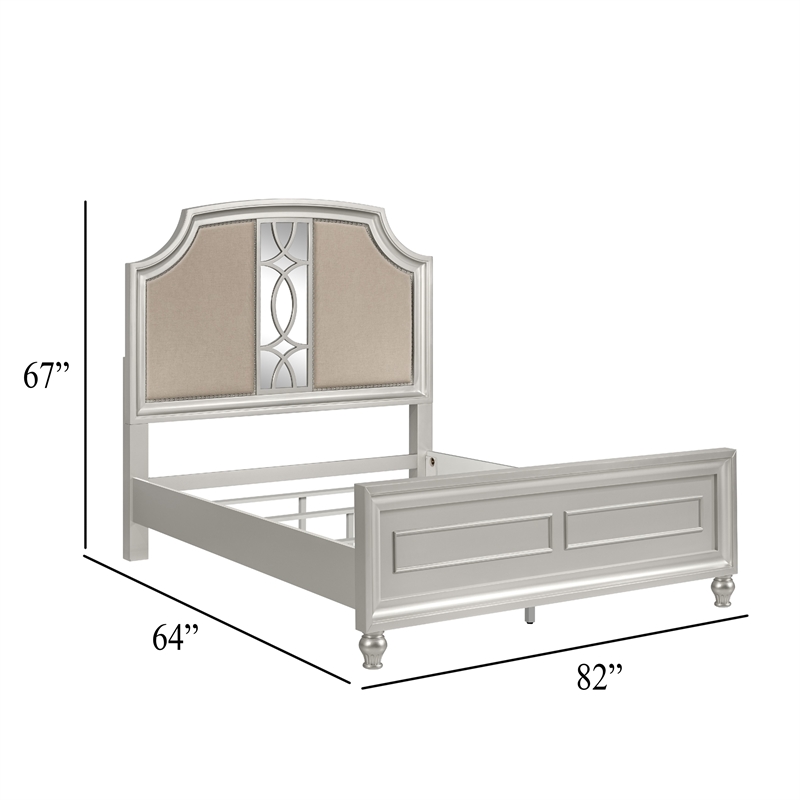 Felix Queen Size Bed- Gray Upholstered Mirrored Silver Panel Headboard