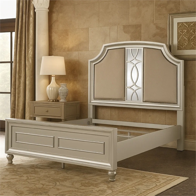 Felix Queen Size Bed- Gray Upholstered Mirrored Silver Panel Headboard