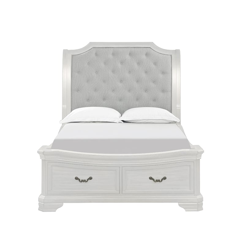 Lynda Queen Bed- Gray Button Tufted Design- 2 Drawers- Vintage White