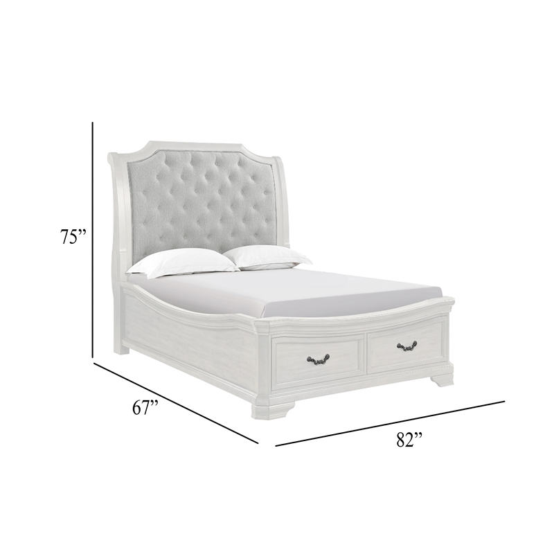 Lynda Queen Bed- Gray Button Tufted Design- 2 Drawers- Vintage White
