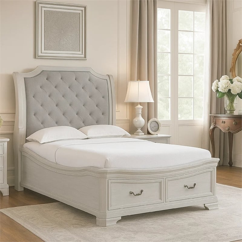 Lynda Queen Bed- Gray Button Tufted Design- 2 Drawers- Vintage White