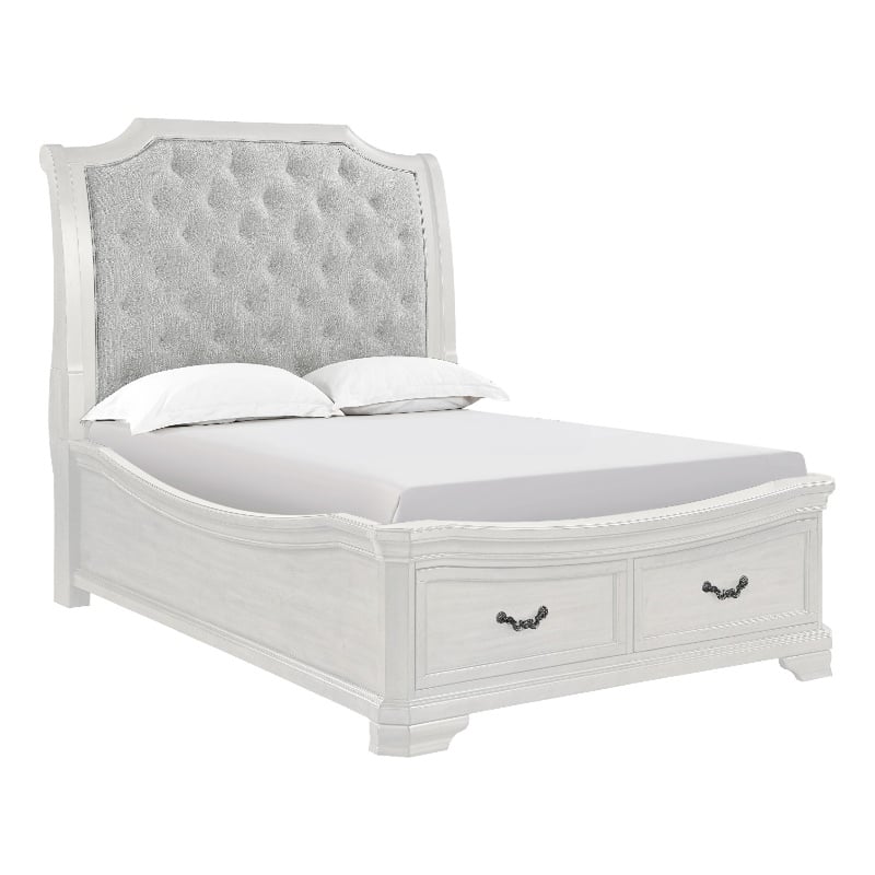 Lynda Queen Bed- Gray Button Tufted Design- 2 Drawers- Vintage White