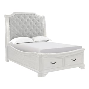 Lynda Queen Bed- Gray Button Tufted Design- 2 Drawers- Vintage White
