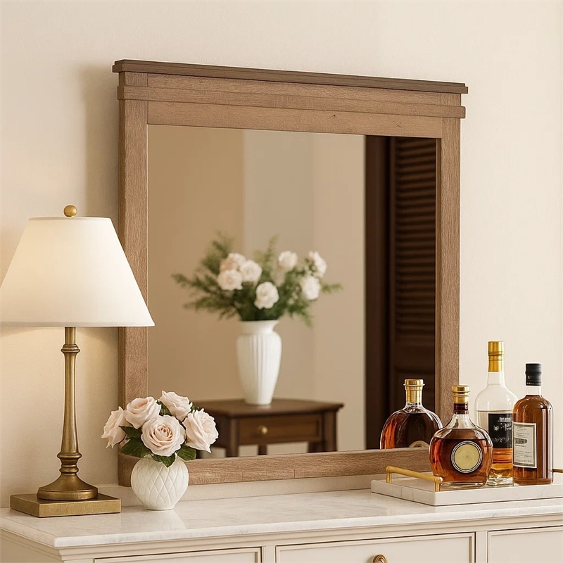 Covy Dresser Mirror- 40 Inch Square Frame- Low Distortion- Natural Brown