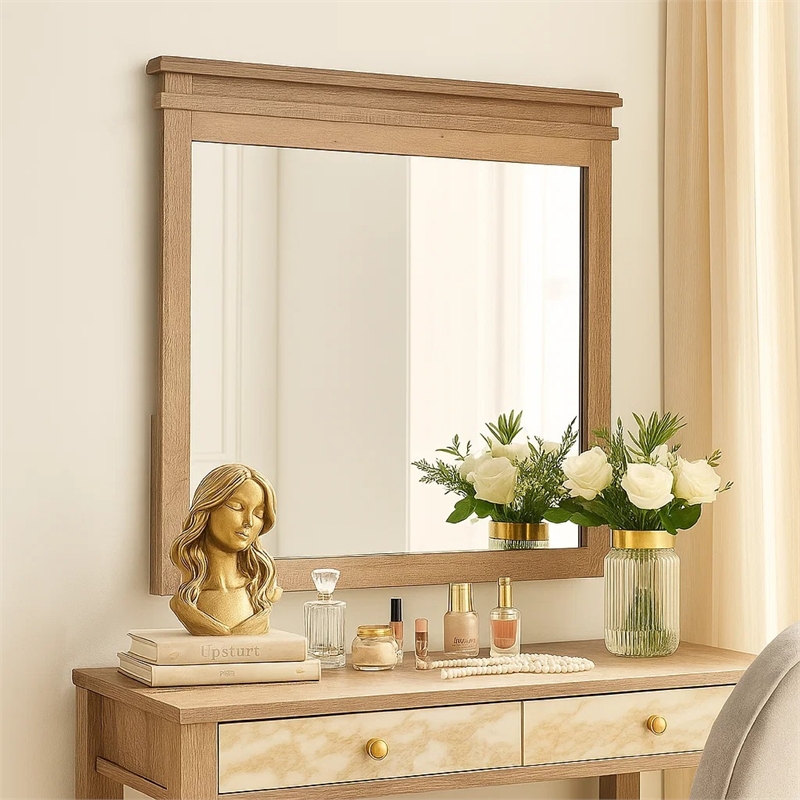 Covy Dresser Mirror- 40 Inch Square Frame- Low Distortion- Natural Brown
