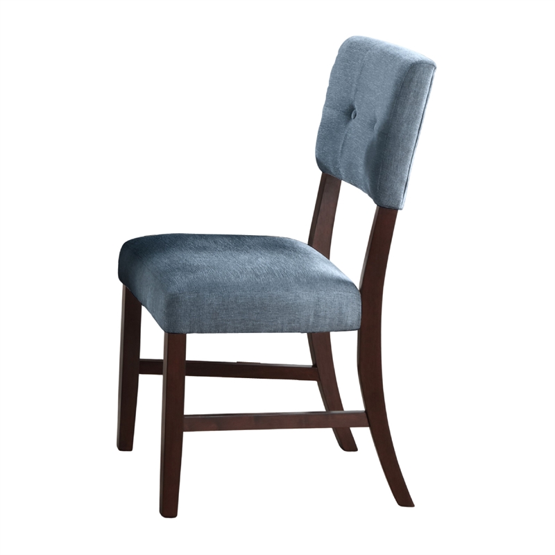Tery Dining Side Chair Set of 2- Tufted Blue Backrest- Cherry Brown