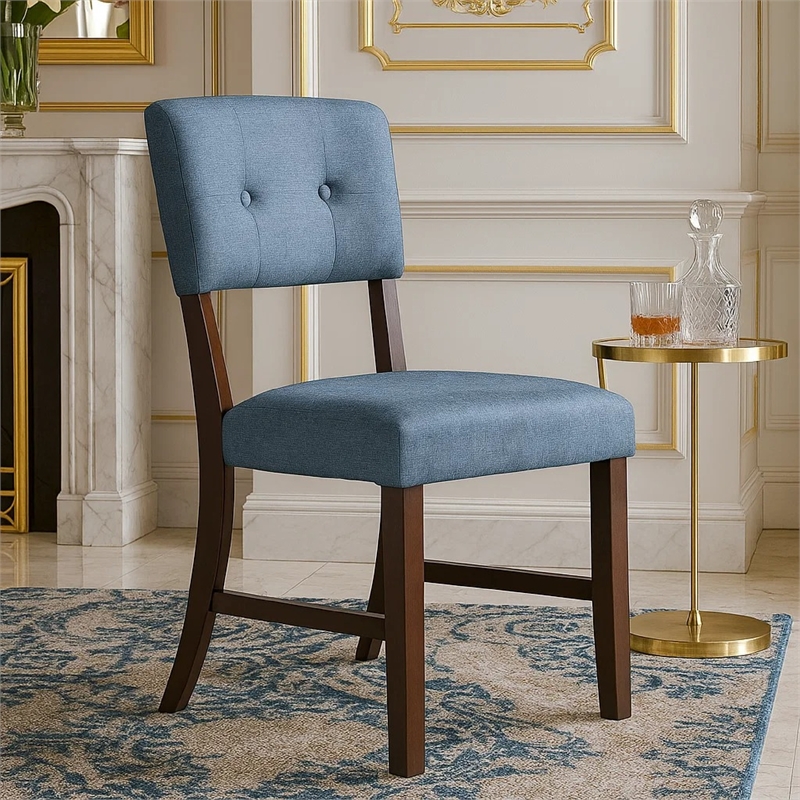 Tery Dining Side Chair Set of 2- Tufted Blue Backrest- Cherry Brown