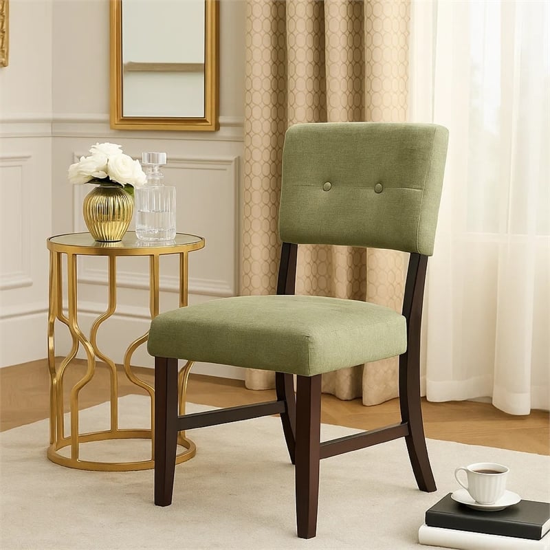 Tery Dining Side Chair Set of 2- Tufted Green Backrest- Cherry Brown