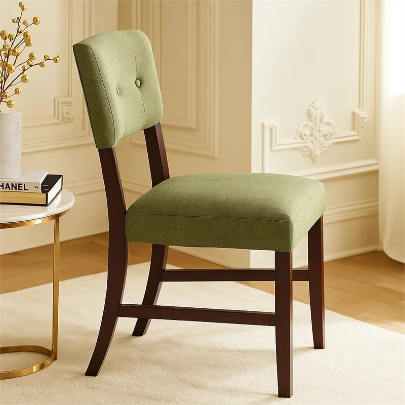 Tery Dining Side Chair Set of 2- Tufted Green Backrest- Cherry Brown