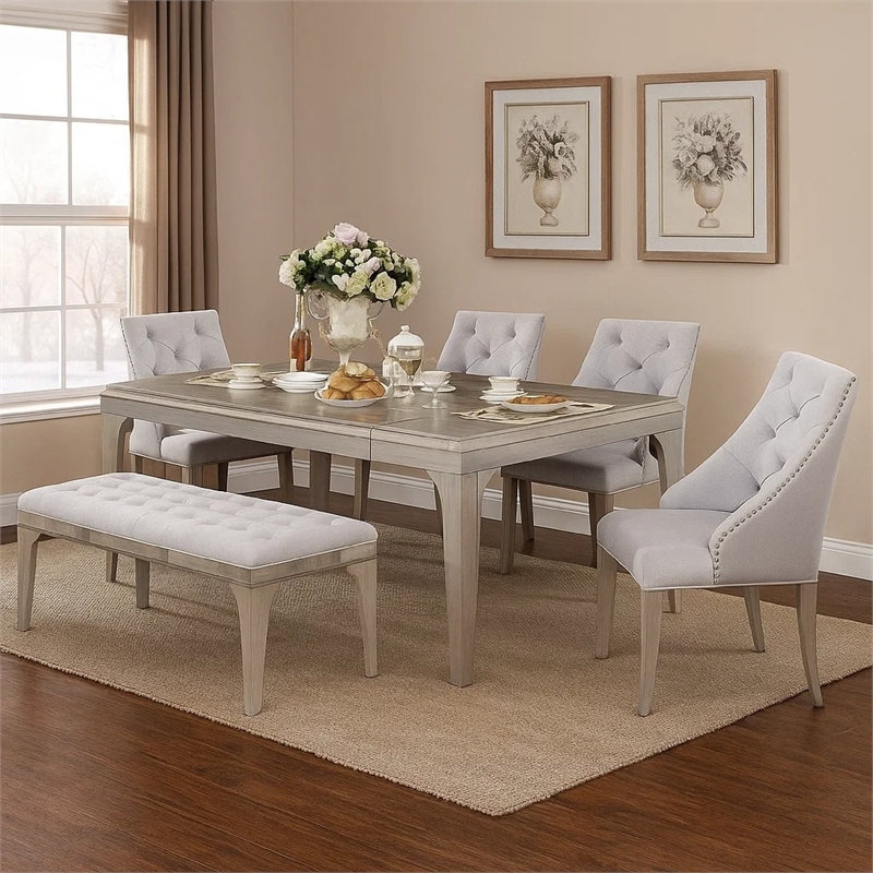 Jamie 6pc Dining Table Set with 4 Chairs and Bench- Silver-Light Gray