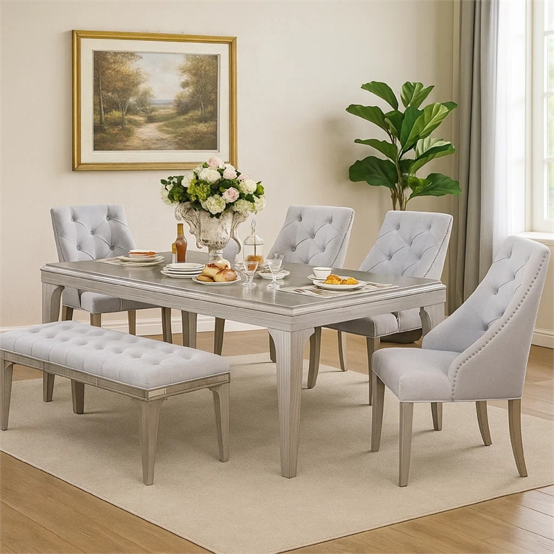 Jamie 6pc Dining Table Set with 4 Chairs and Bench- Silver-Light Gray