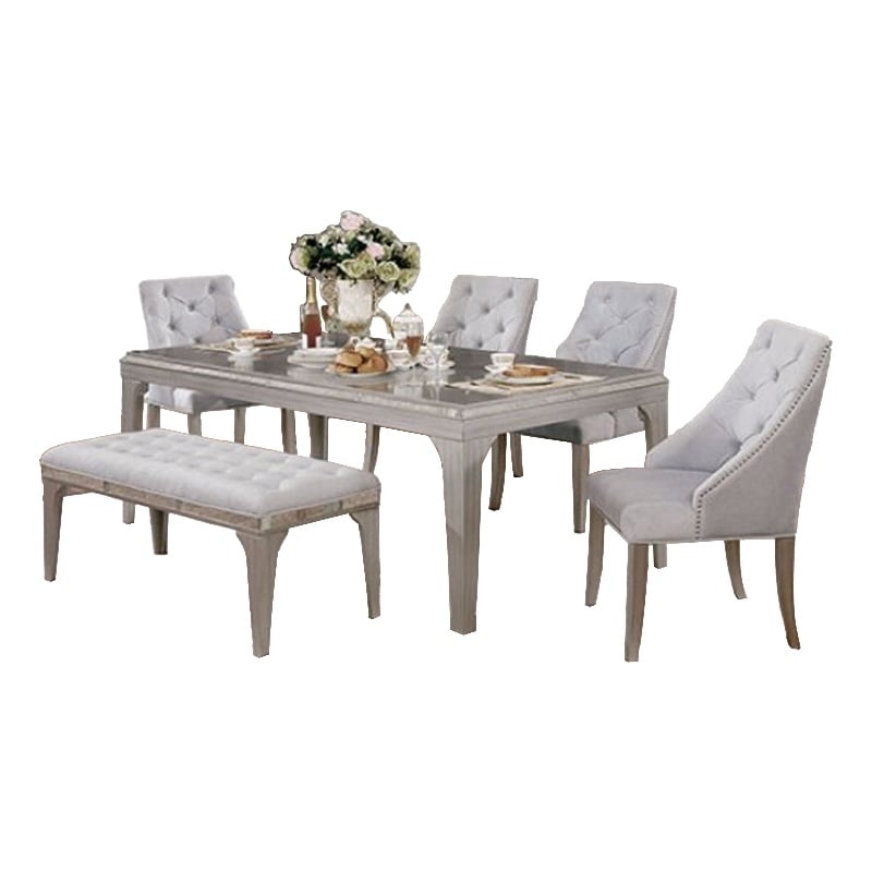 Jamie 6pc Dining Table Set with 4 Chairs and Bench- Silver-Light Gray