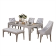 Jamie 6pc Dining Table Set with 4 Chairs and Bench- Silver-Light Gray