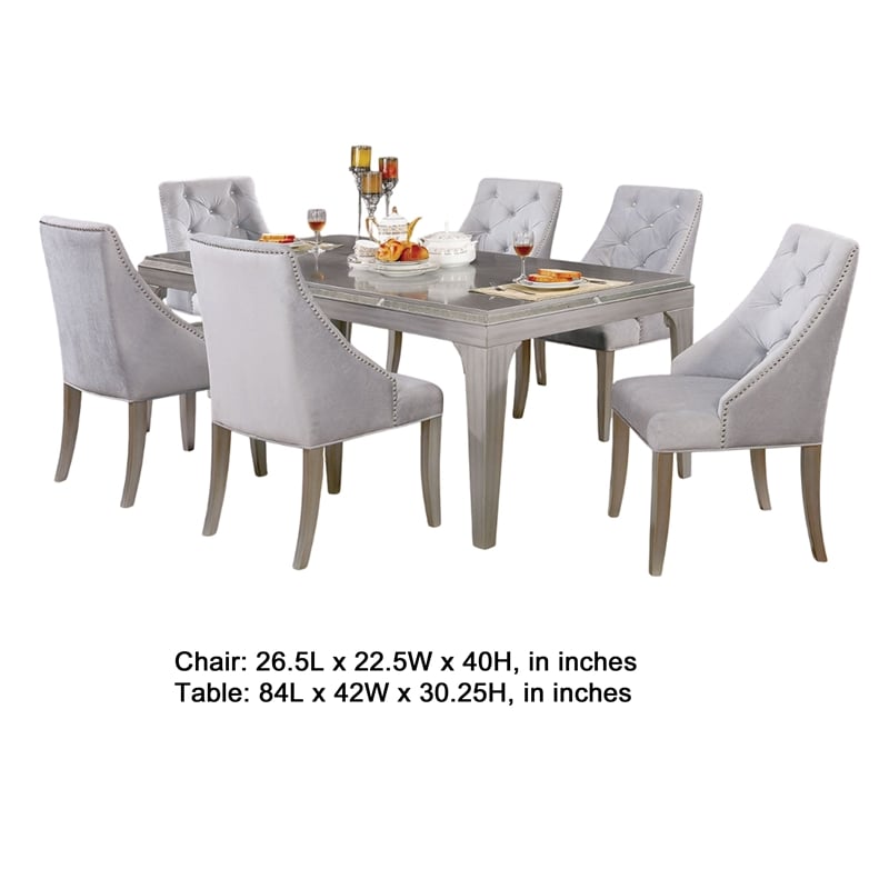 Jamie 7pc Dining Table Set- 6 Button Tufted Fabric Chairs- Silver-Gray
