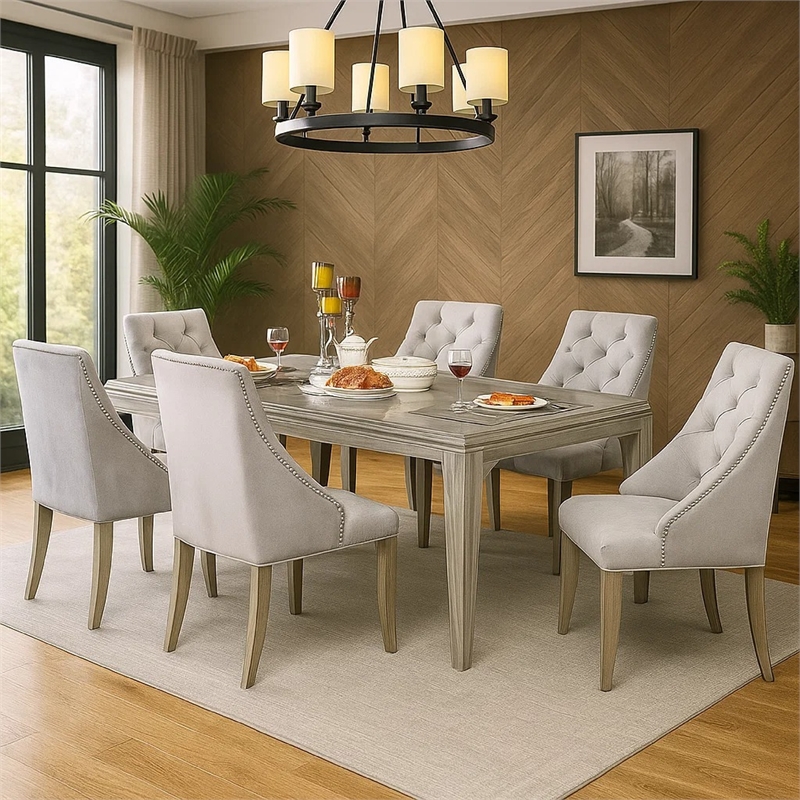 Jamie 7pc Dining Table Set- 6 Button Tufted Fabric Chairs- Silver-Gray