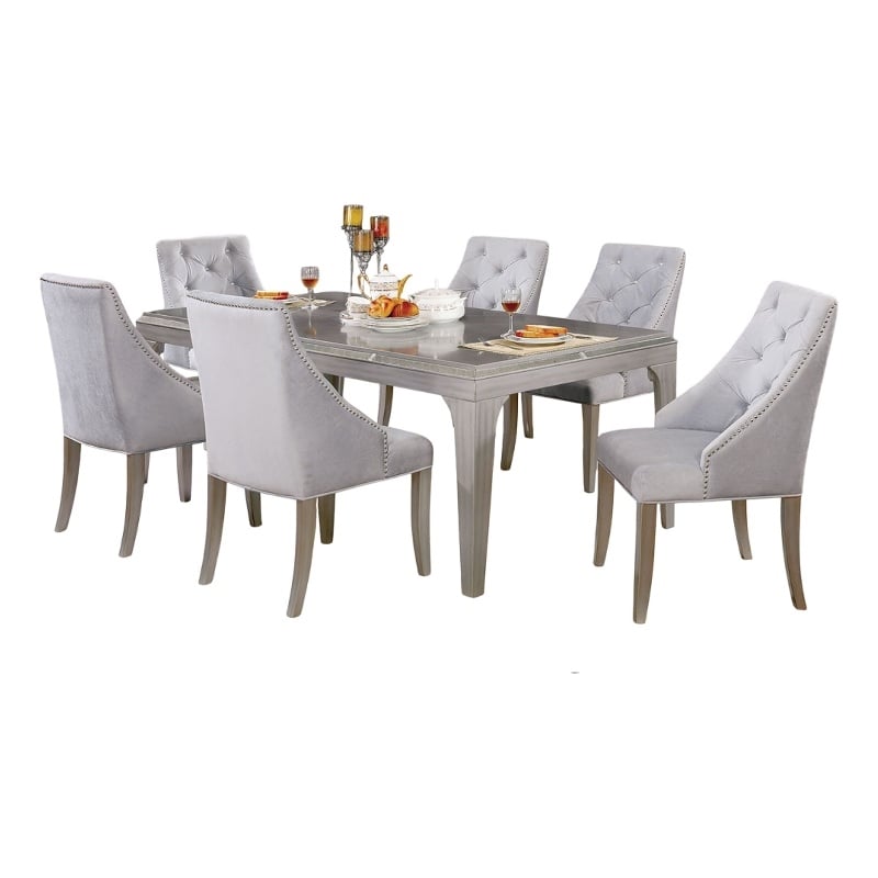 Jamie 7pc Dining Table Set- 6 Button Tufted Fabric Chairs- Silver-Gray