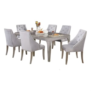Jamie 7pc Dining Table Set- 6 Button Tufted Fabric Chairs- Silver-Gray