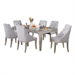 Jamie 7pc Dining Table Set- 6 Button Tufted Fabric Chairs- Silver-Gray